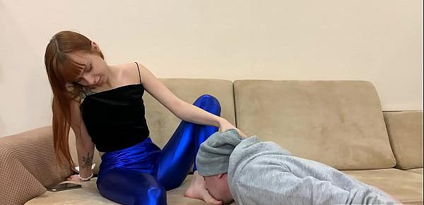  Real Life-Style Femdom - Petite Mistress Kira in Blue Leggings and Her Submissive Boyfriend - Feet licking, Foot Gagging and Feet Cleaning Humiliation